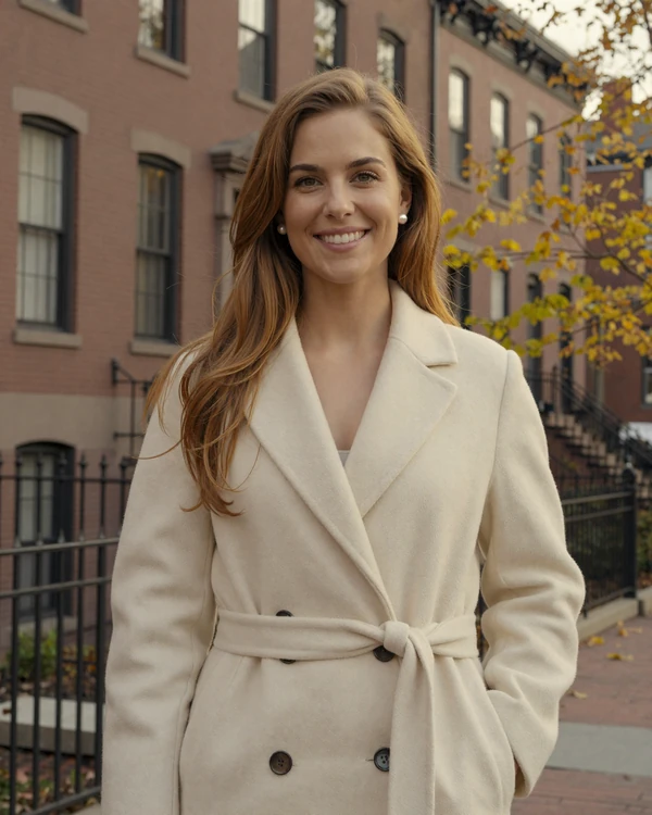 Verified PrestigeMatch sugar baby member walking along Commonwealth Avenue brownstones in Back Bay Boston during autumn golden hour