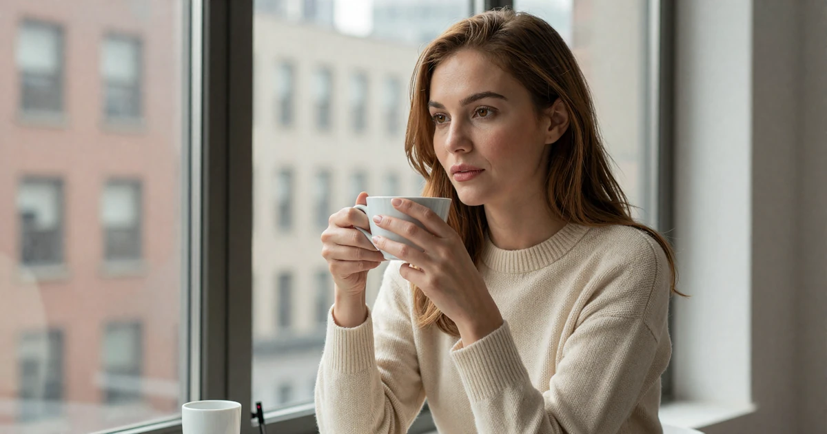 Elegant woman thoughtfully reviewing a sugar dating profile on a tablet by a bright loft window