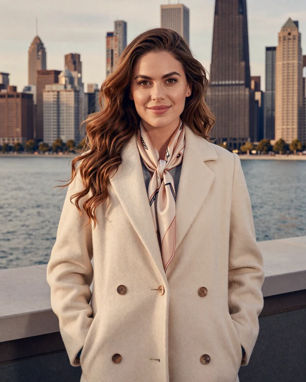 Verified PrestigeMatch sugar baby member on a Gold Coast Chicago rooftop terrace with Lake Michigan skyline at golden hour