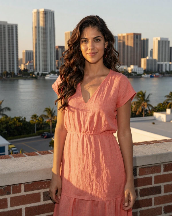 Verified PrestigeMatch member on a Brickell rooftop at sunset with the Miami skyline behind her