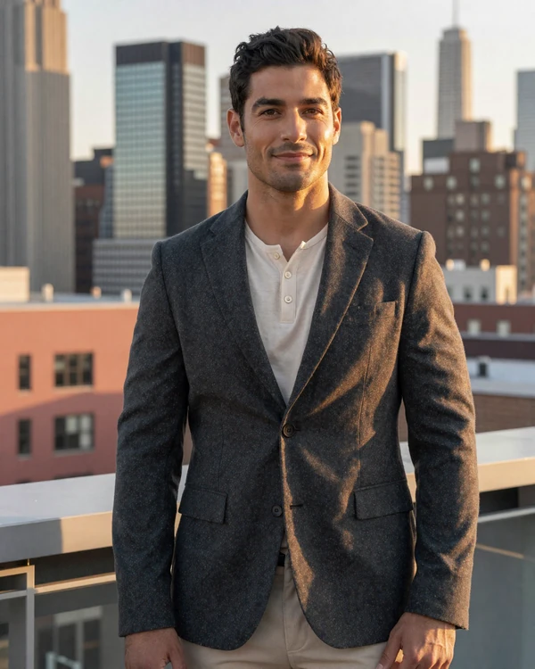 Daniel, a verified PrestigeMatch toy boy dating site member in tailored blazer on a Manhattan rooftop terrace at golden hour