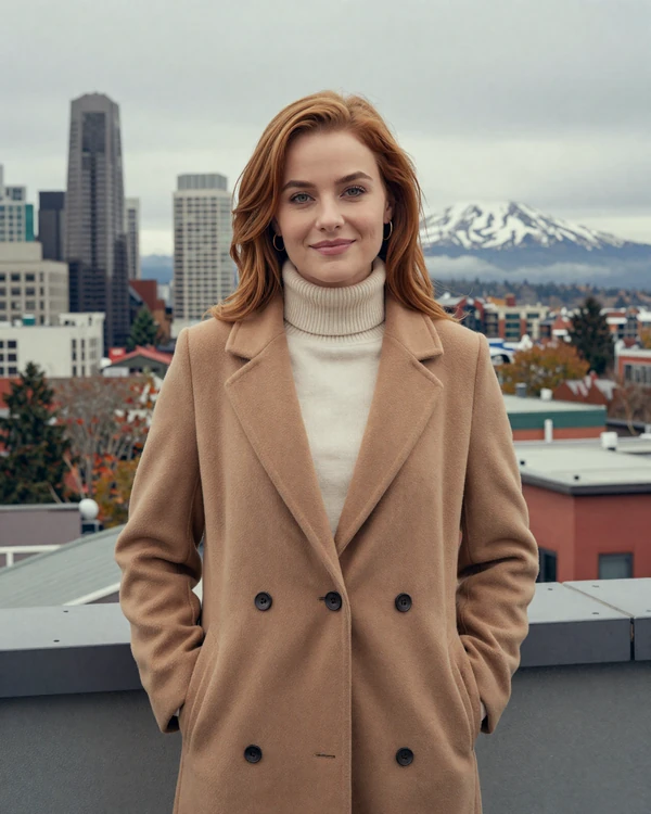 Verified PrestigeMatch sugar baby member on a Pearl District rooftop terrace with misty Portland skyline at dusk