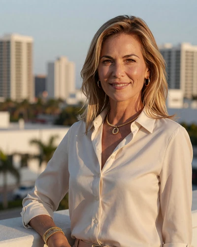 Vivienne, an elegant 48-year-old sugar mama PrestigeMatch member in cream cashmere on a Manhattan penthouse terrace, premium wealthy women dating site imagery