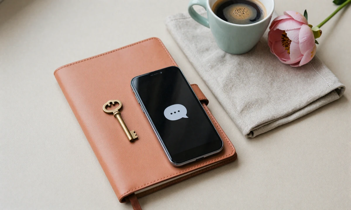 Premium notebook, key, and smartphone symbolizing privacy and safety on secure online dating sites