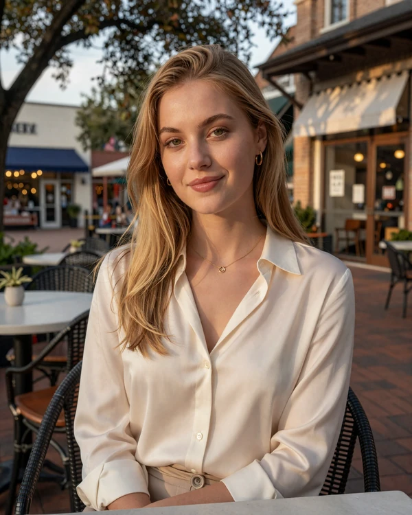 Verified PrestigeMatch sugar baby member on a Highland Park Village Dallas terrace at golden hour with oak trees behind her