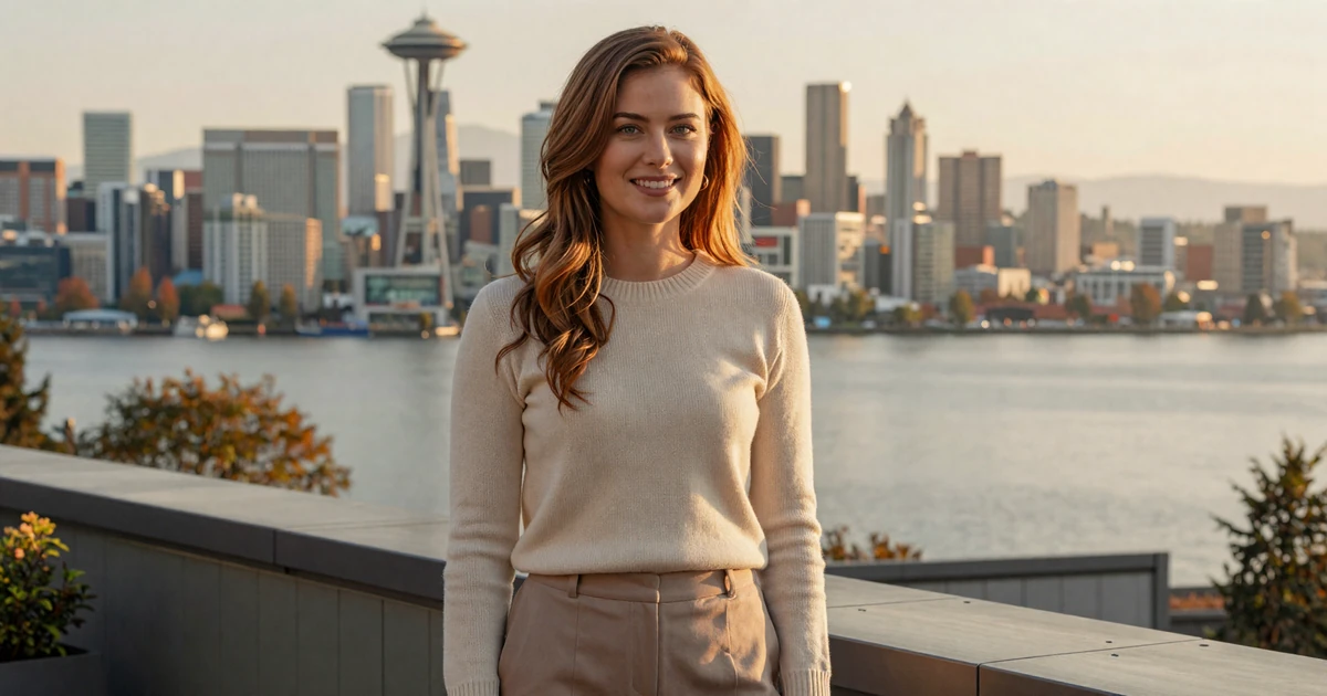 Verified PrestigeMatch sugar baby member on a Bellevue rooftop overlooking Lake Washington and the Seattle skyline at golden hour