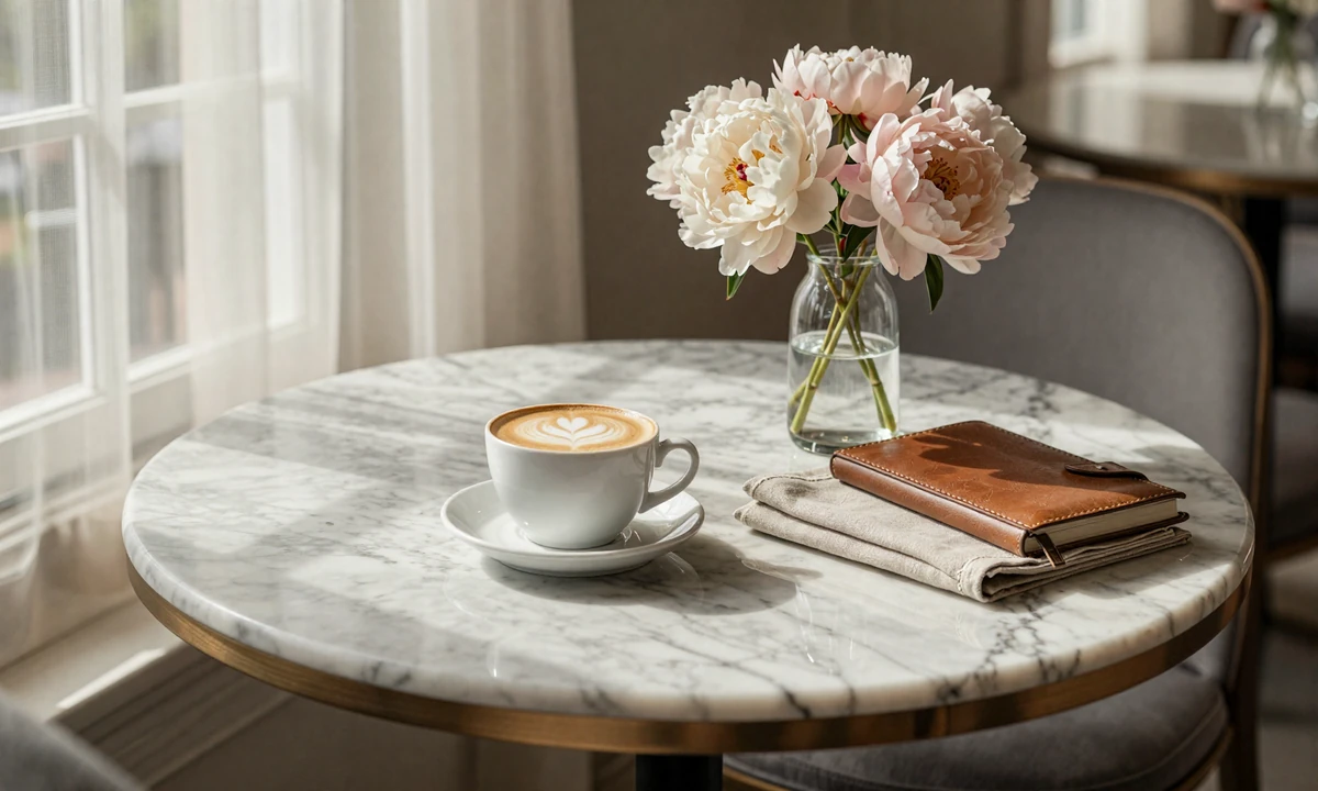 Elegant cafe table with cappuccino and peonies symbolizing a thoughtful introduction to sugar dating for beginners