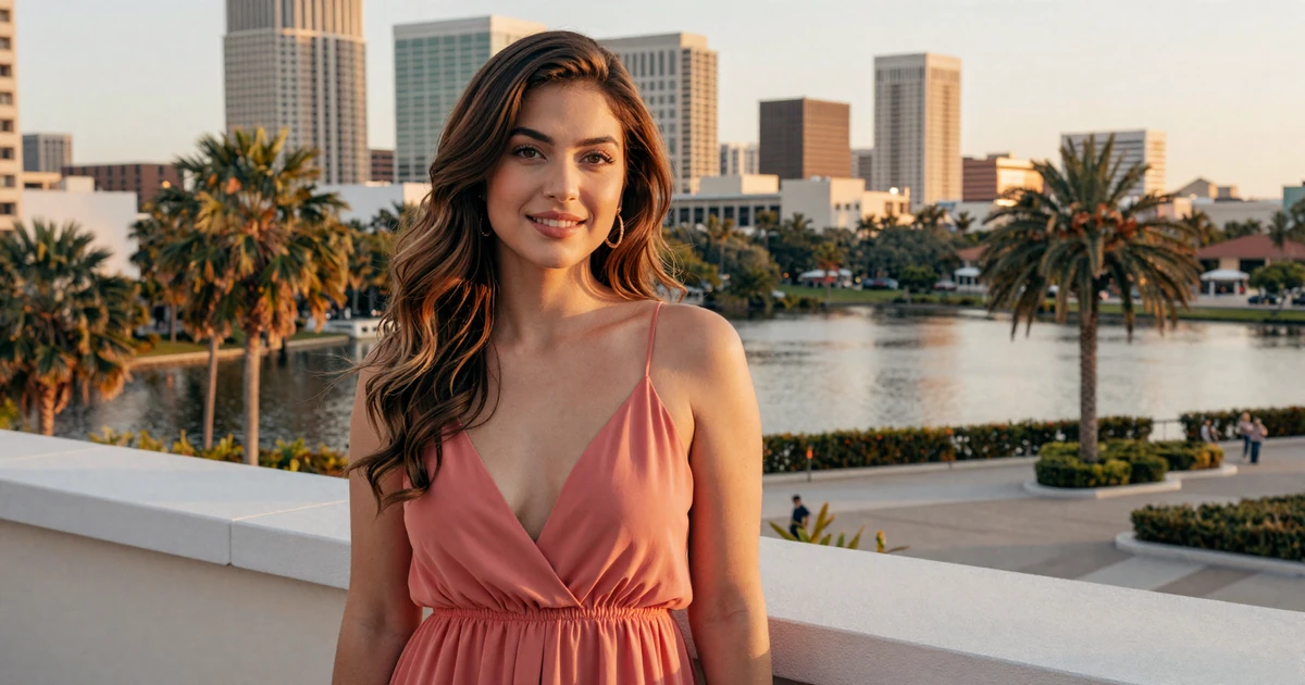 Verified PrestigeMatch sugar baby member on a Lake Eola Orlando rooftop terrace at golden hour with palm trees and downtown skyline
