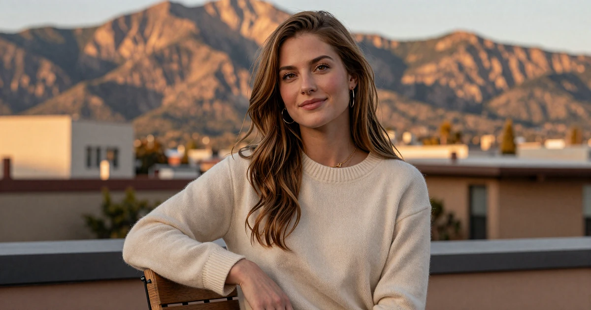 Verified PrestigeMatch sugar baby member on a Cherry Creek rooftop terrace with Rocky Mountains at golden hour