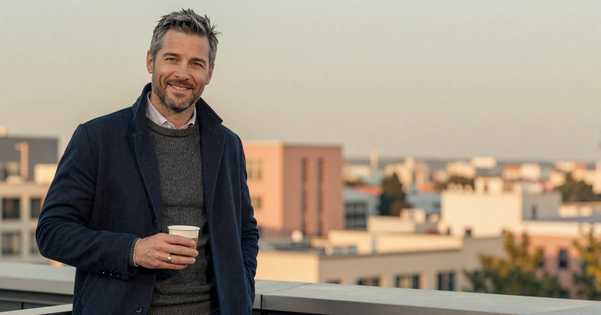 Confident executive in cashmere sweater on a rooftop terrace at golden hour - editorial reference for a strong sugar daddy dating profile photo